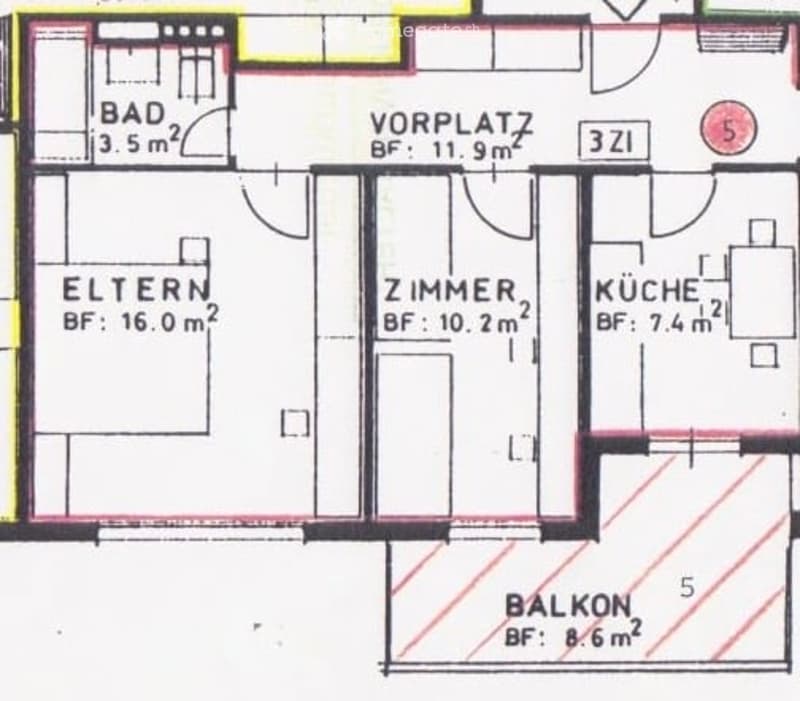 Floor plan of an apartment with labeled rooms: bathroom, living room, bedroom, kitchen, and balcony. Each room has its floor area indicated.