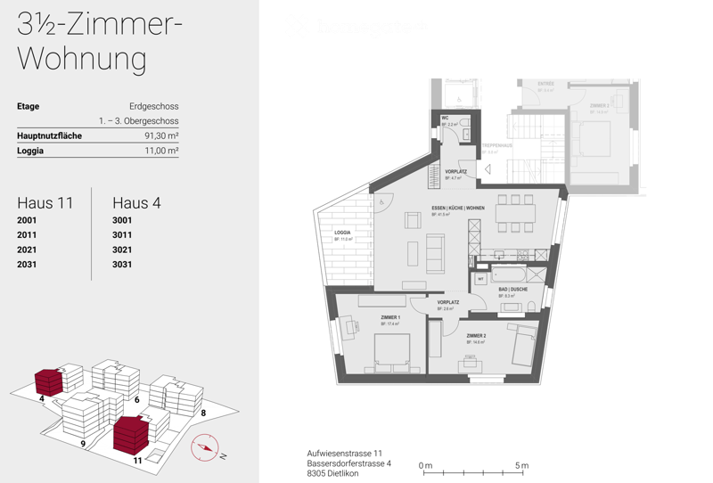 Floor plan of a 3.5-room apartment with a living/dining/kitchen area, two bedrooms, a bathroom, a WC, a hallway, and a loggia.