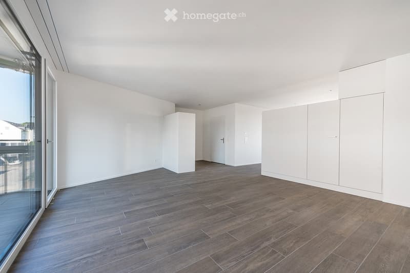 Empty room with white walls, wooden flooring, and built-in white cabinets. Large glass window and door leading to a balcony.