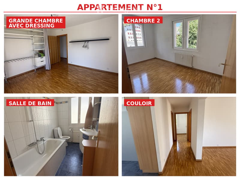 Four unfurnished rooms: large bedroom with wooden floor and closet, second bedroom with wooden floor and windows, bathroom with bathtub, toilet, sink, and radiator, and hallway with wooden floor and doors.