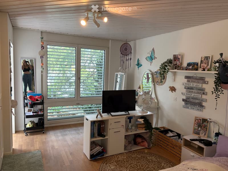 Cozy bedroom with wooden flooring, large windows, a bed, TV, fan, shelves, and decorative items.