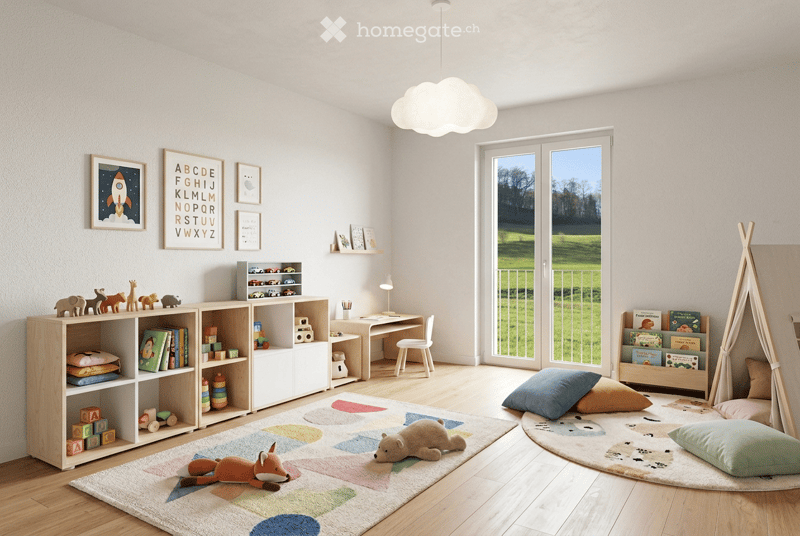 Bright, modern children's room with wooden flooring, large window offering a view of greenery, colorful rugs, shelves filled with toys and books, a small desk, and a cozy tent area.