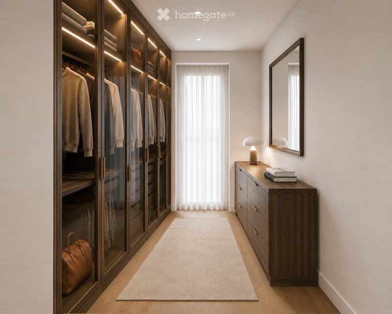 Modern hallway with wooden flooring, large mirrored wardrobe with built-in lighting, a small wooden dresser with a lamp and books, and a patterned rug.