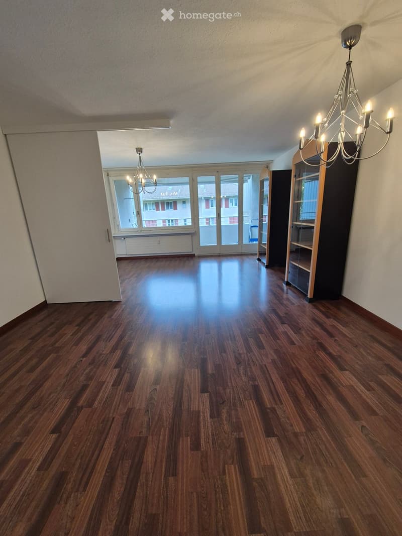 Hardwood floor, chandeliers, sliding glass doors, large windows, white walls, white door, glass shelves