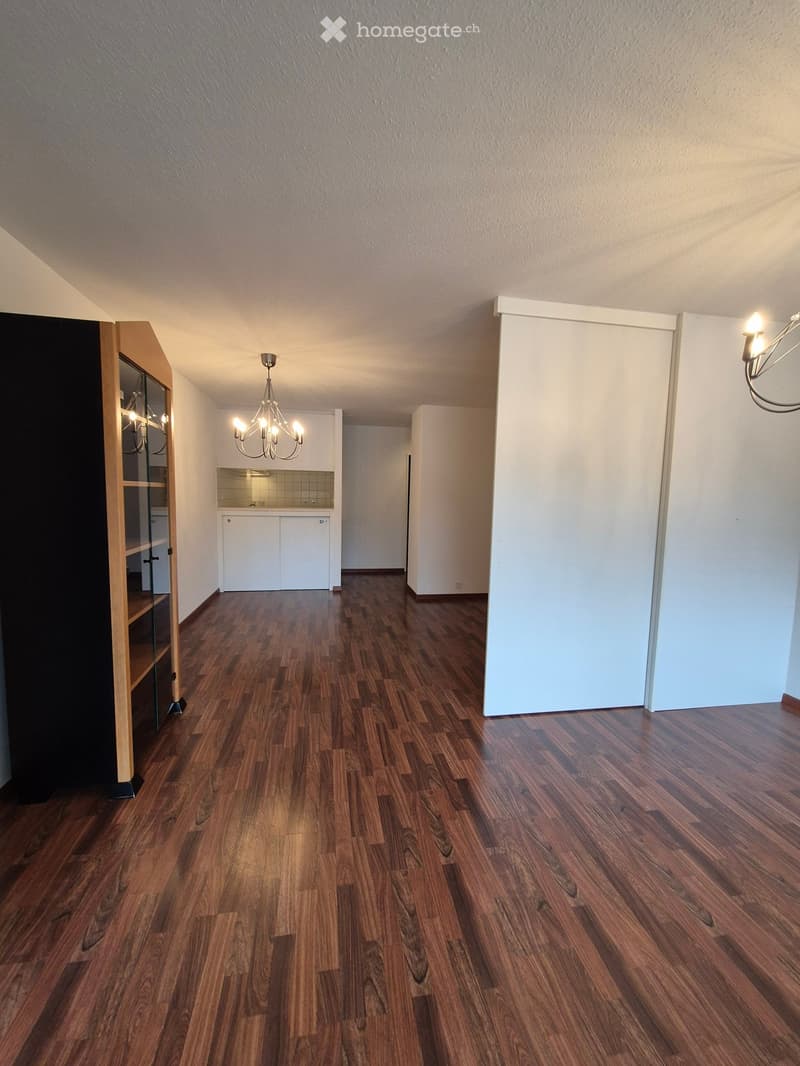 Empty room, wooden floor, white walls, chandelier, wooden cupboard