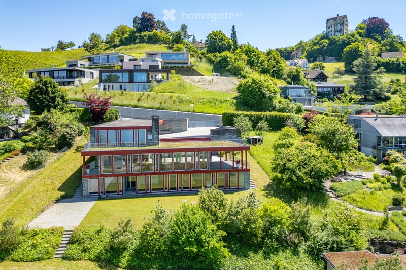 Modern house, red frame, large glass windows, green roof, surrounded by trees and plants