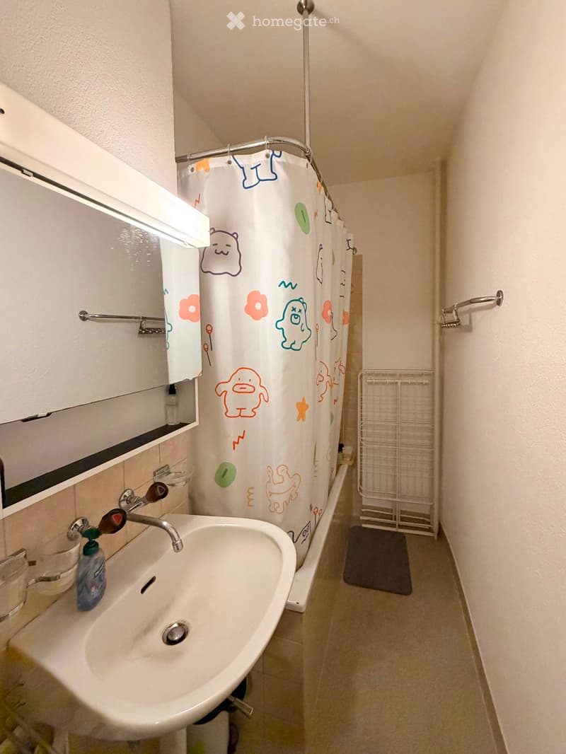 A small bathroom with a white sink, mirror, and colorful shower curtain featuring cartoon characters. A towel rack and a small shelf are visible.