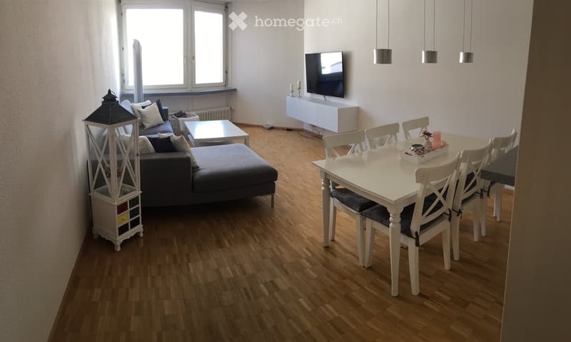 white walls, wooden floor, dining table, couch with pillows, TV stand with TV