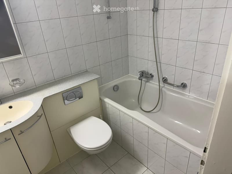 Modern bathroom with white tiles, bathtub, shower, sink, and toilet