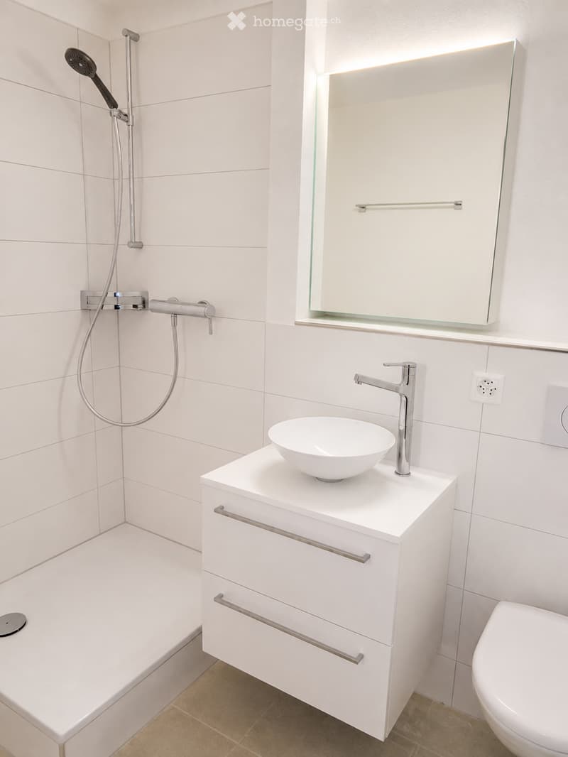 Modern bathroom with white tiles, a white sink with a modern faucet, a large mirror, a showerhead, and a bathtub.