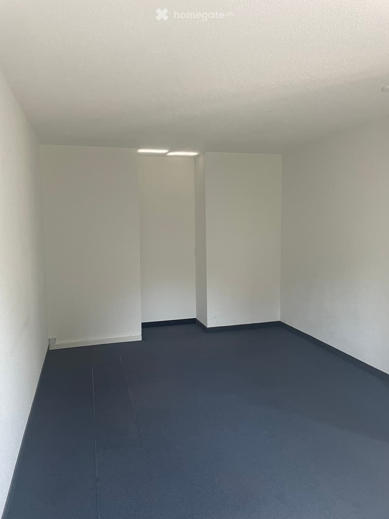 Empty room with white walls, dark blue carpet, and a single door.