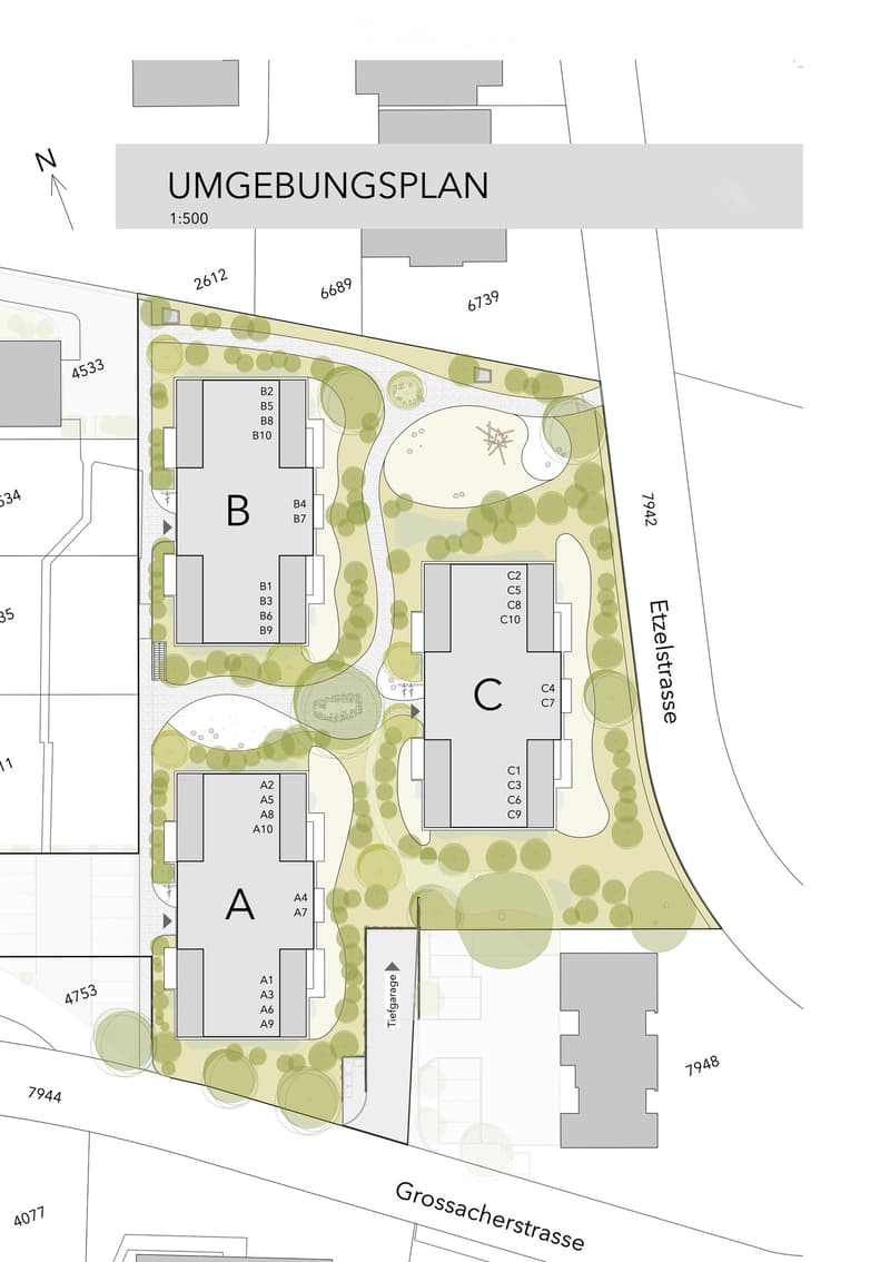 Site plan showing three buildings labeled A, B, and C with surrounding green spaces and pathways. Includes labeled plots and surrounding streets.