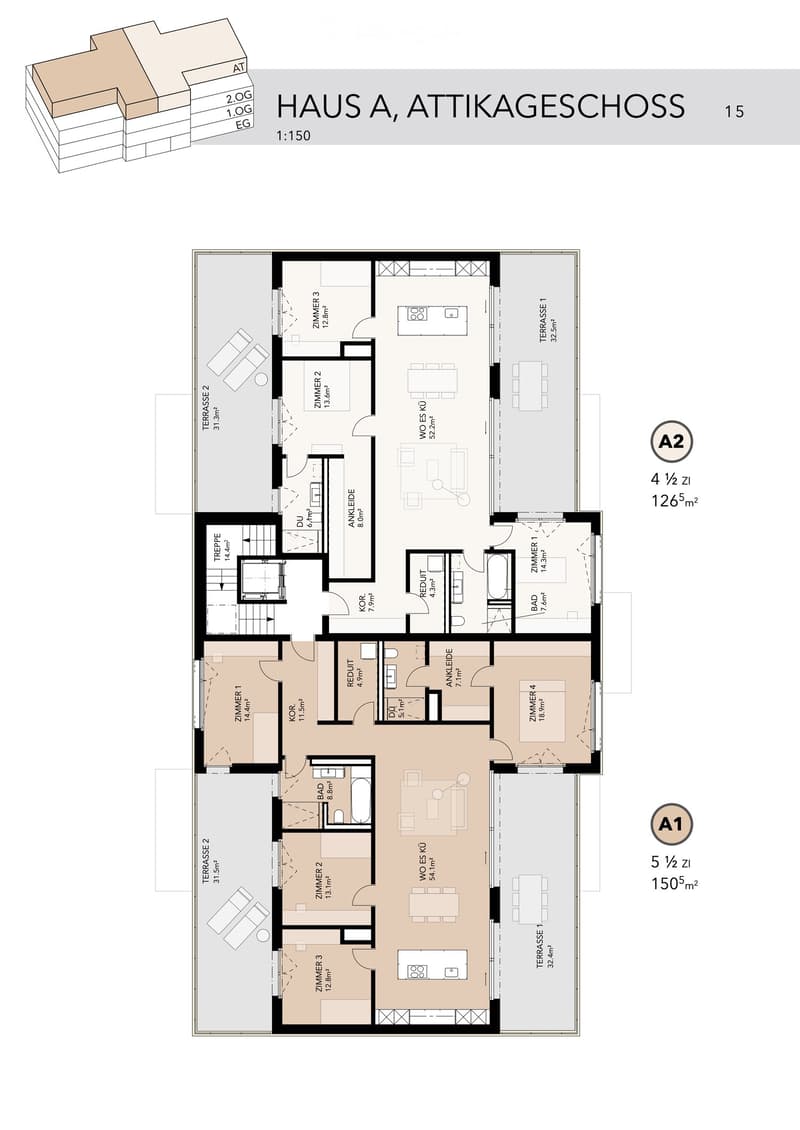 Floor plan of Haus A, Attikageschoss showing two apartments (A1 and A2) with multiple rooms including bedrooms, bathrooms, kitchen, and terraces.
