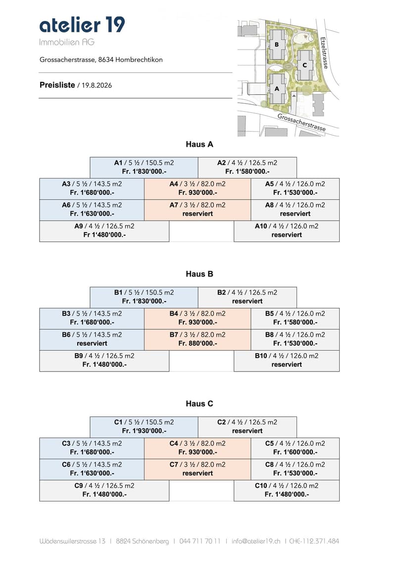 Floor plan of three houses (A, B, C) with apartment listings, prices, and sizes.