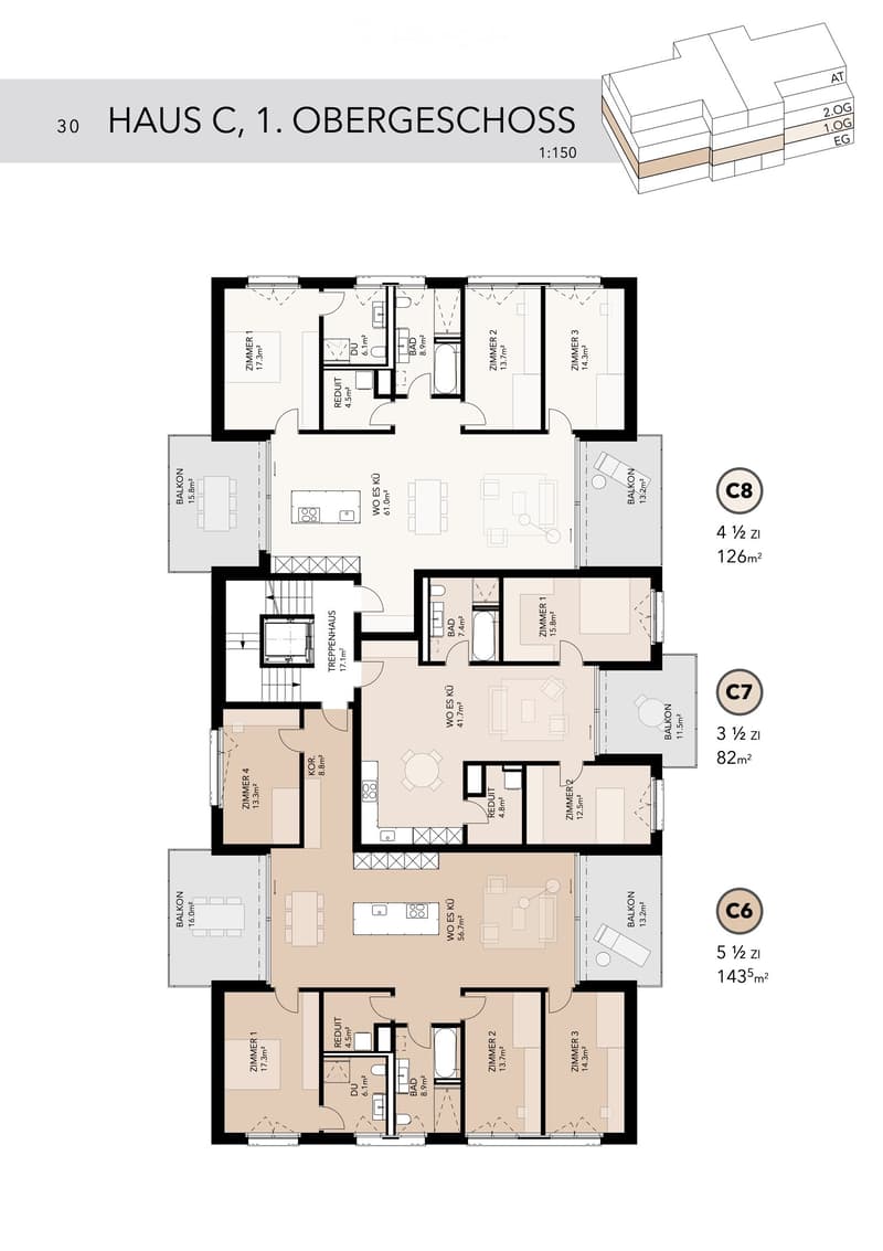 Floor plan of Haus C, 1st upper floor, showing three apartments (C6, C7, C8) with multiple rooms, bathrooms, balconies, and kitchen areas.