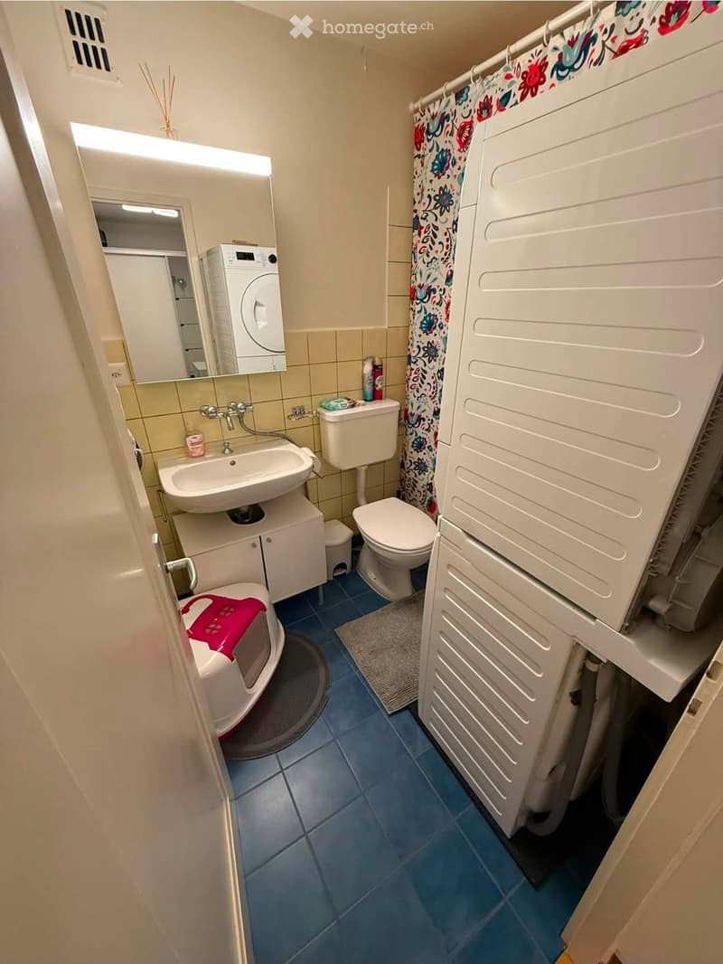 Modern bathroom with blue tiles, white fixtures, a bathtub with a pink towel, a toilet, a sink, a mirror, and a towel rack.