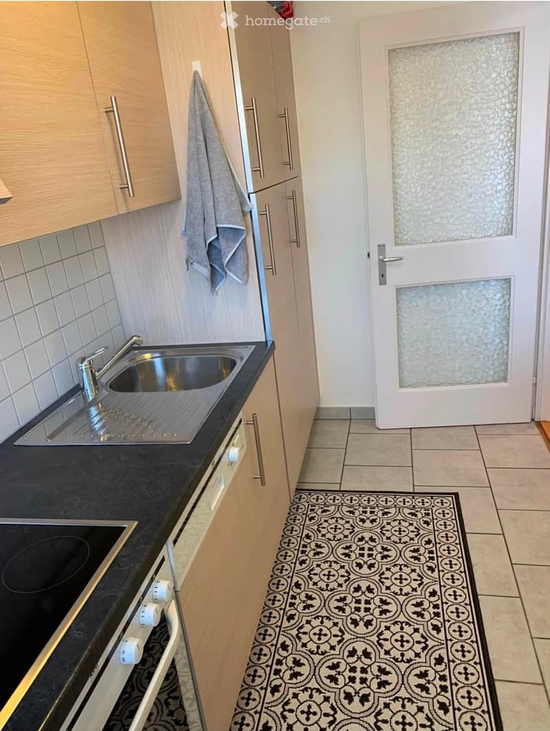 Modern kitchen with light wooden cabinets, stainless steel sink, black countertop, and decorative black and white patterned rug.
