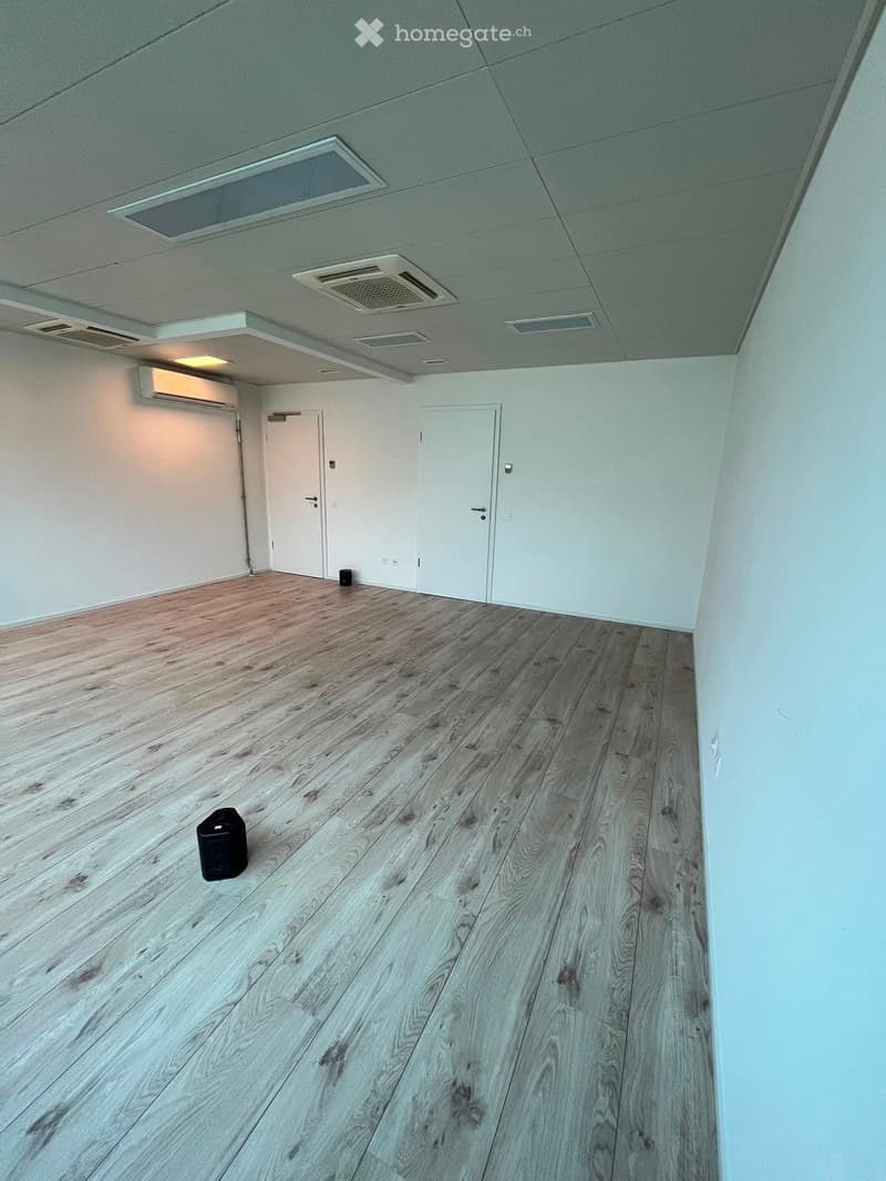 Empty room with light-colored wooden flooring, white walls, and two white doors. The ceiling has several light fixtures and air vents.