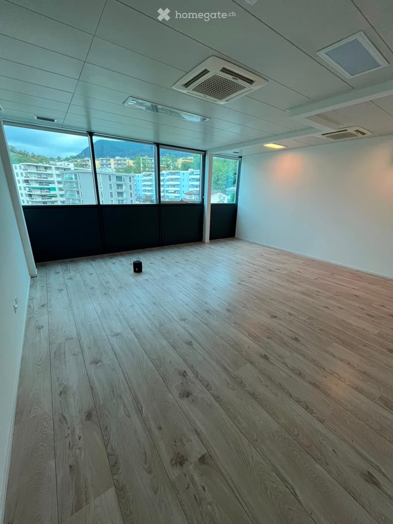 Empty room with light wooden flooring, white walls, large windows offering a view of buildings and mountains, and a small black object on the floor.