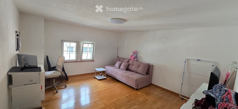 A small, furnished room with a sofa, a chair, a small table, a screen, a printer, and a toy on the sofa. The room has wooden flooring and white walls.