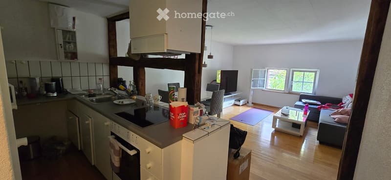 Open-plan living and kitchen area with wooden flooring, a sofa, coffee table, TV, and kitchen appliances including an oven and sink.