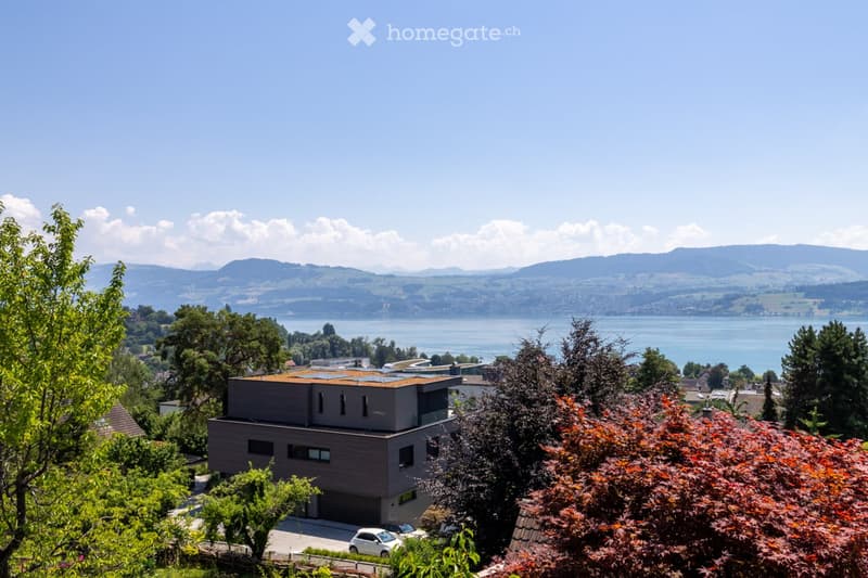 Modern two-story house with a flat roof and solar panels, situated in a scenic lakeside location with mountains in the background.