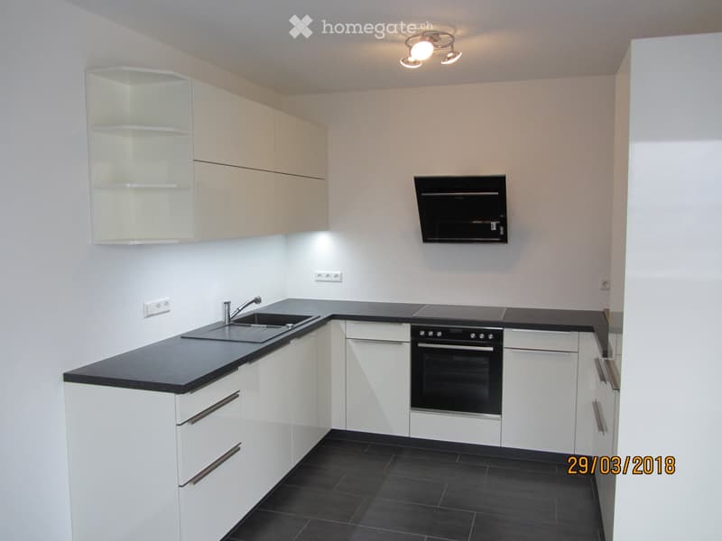 Modern kitchen with white cabinets, black countertops, stainless steel sink, built-in oven, microwave, and sleek lighting fixture.