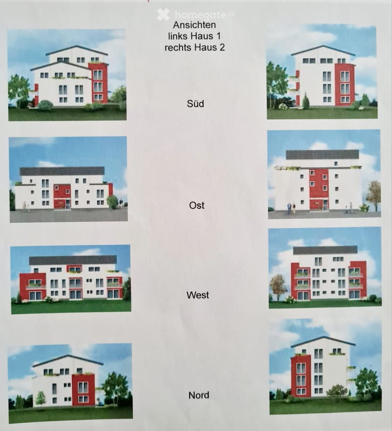 Multiple views of two modern residential buildings, labeled Haus 1 and Haus 2, showing different angles (South, East, West, North). Both buildings feature white and red facades, multiple windows, and flat roofs.