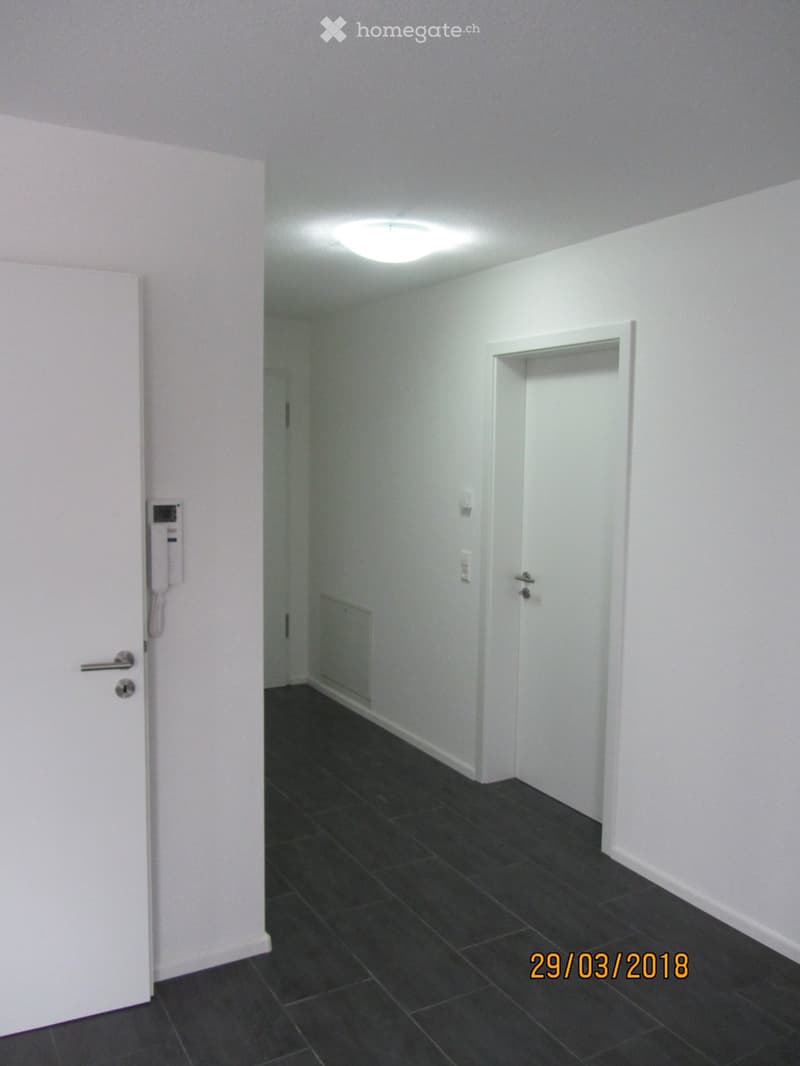 Empty hallway with white walls, dark tiled floor, and a ceiling light. Two doors are visible, one on each side.
