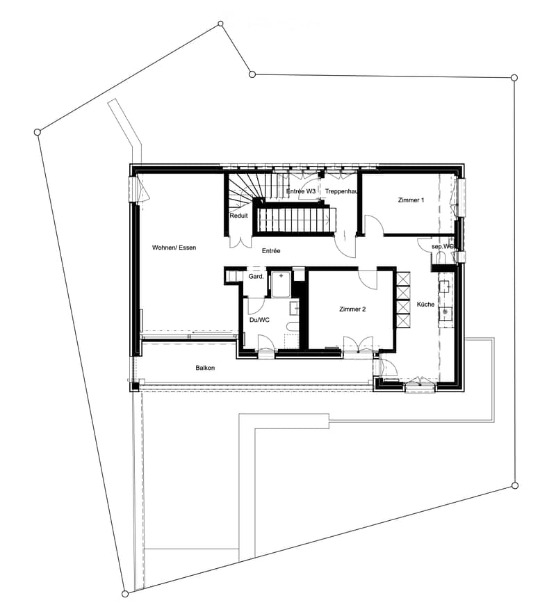 Floor plan showing a living/dining area, kitchen, two bedrooms, two bathrooms, a balcony, and a staircase leading to another level.