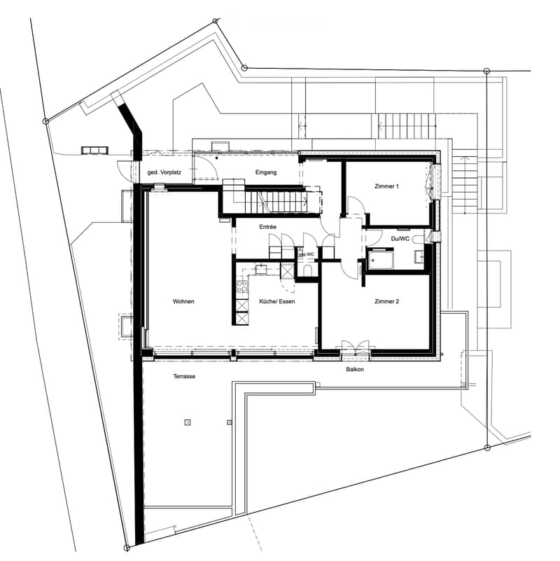 Floor plan showing a living area, kitchen/dining area, two bedrooms, bathroom, entrance, balcony, and terrace.