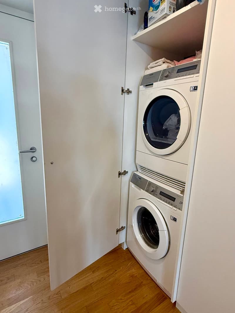 Compact bathroom with a washing machine and dishwasher stacked vertically, wooden floor, white walls, and a door with a window.