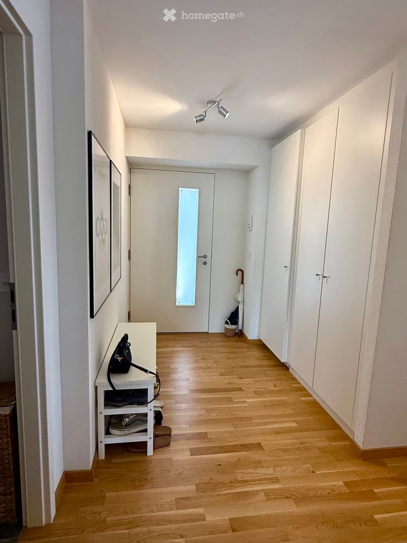 Clean, narrow hallway with light wooden flooring, white walls, built-in white cabinets, a small white console table with shoes and a bag, and a closed door with a mirror panel.