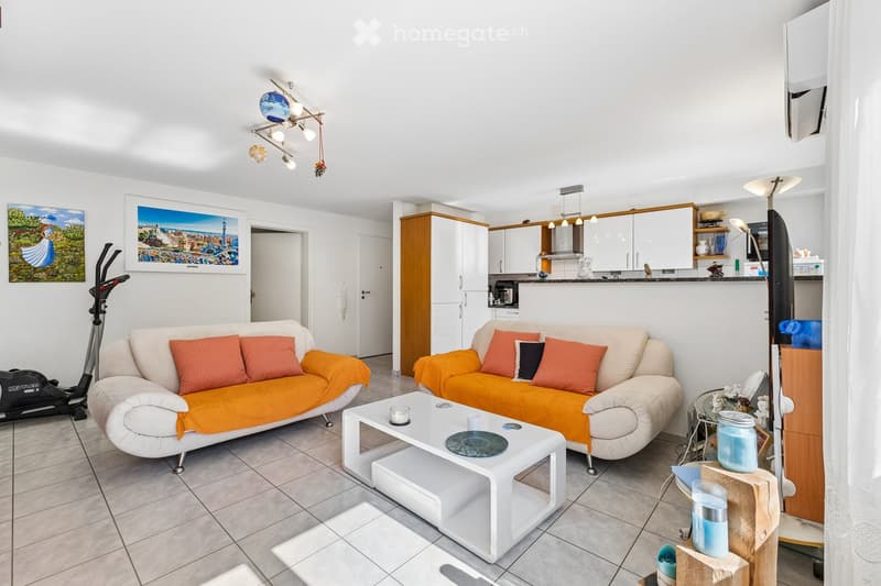 A modern living room with two sofas, a coffee table, a kitchen area with cabinets, and decorative items including picture frames and a floor lamp.