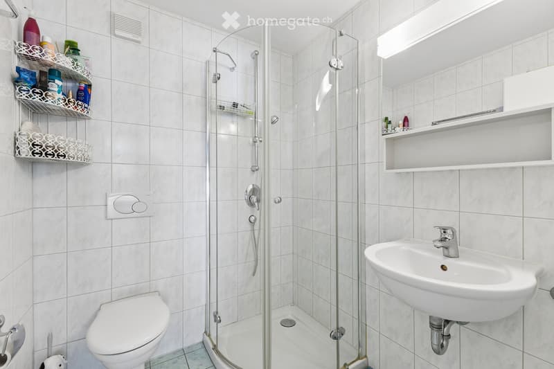 Modern bathroom with white tiles, a glass-enclosed shower, a toilet, a sink with a mirror, and shelves holding toiletries.