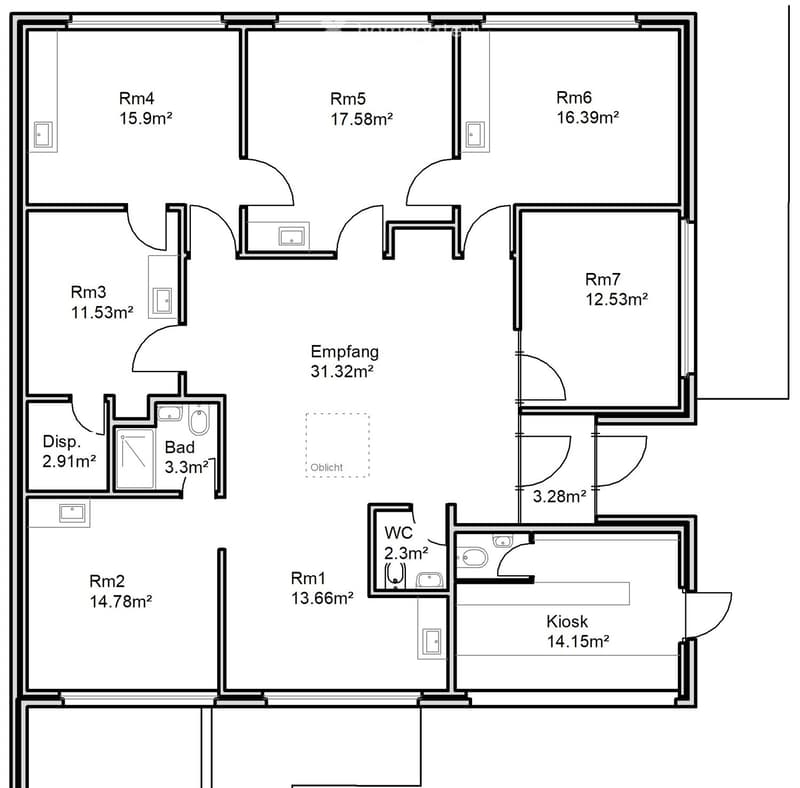 Floor plan showing a reception area, seven rooms, a bathroom, a WC, and a kiosk. Room sizes range from 2.91m² to 31.32m².