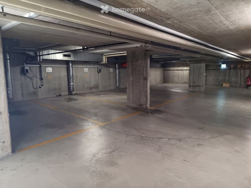Underground parking garage with concrete floors, pillars, and marked parking spaces.