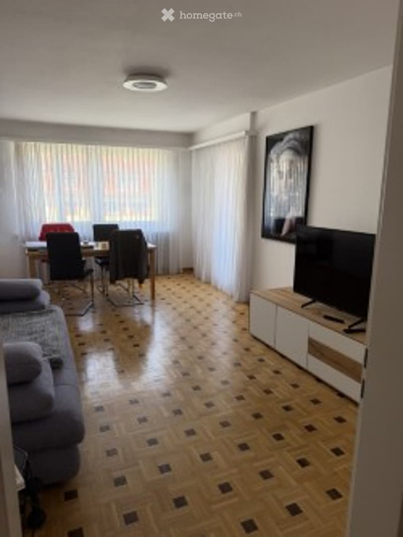 Bright living and dining area with wooden flooring, large windows with blinds, grey sofa, dining table with chairs, TV on a stand, and a picture frame on the wall.