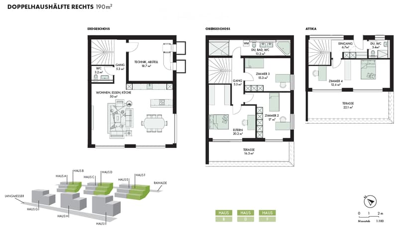 Floor plan of a 190 m² duplex half-house, showing ground floor, upper floor, and attic with rooms including living/dining/kitchen area, bedrooms, bathrooms, and terraces.