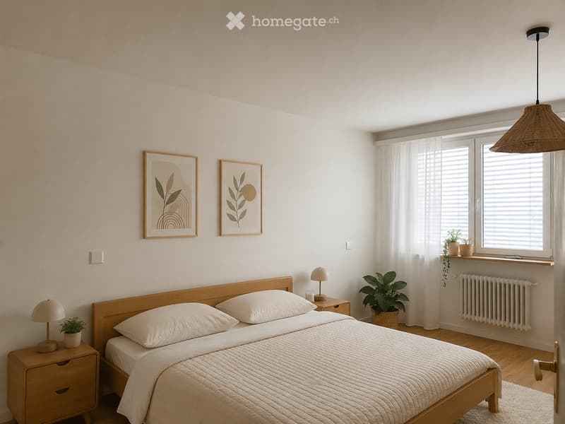 A modern, minimalist bedroom with a wooden bed, white bedding, nightstands with lamps, framed artwork, and potted plants on the windowsill and floor.