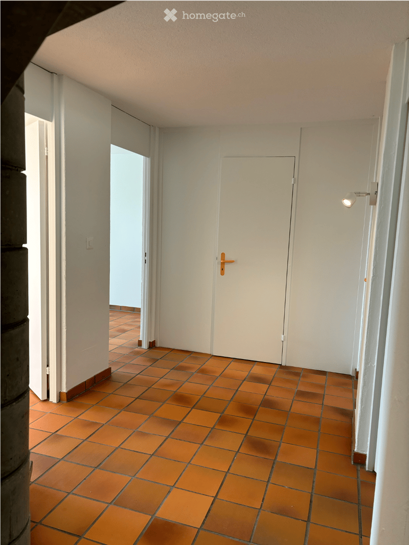 Empty hallway with terracotta tiled floor, white walls, and a closed white door with a yellow handle.