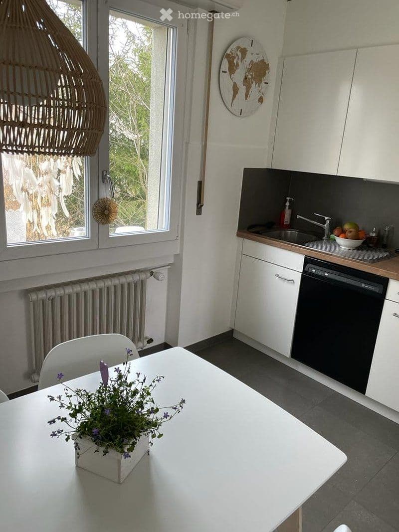 Modern kitchen with white cabinets, a black dishwasher, a sink, a bowl of fruit, a world map on the wall, a wicker pendant light, and a dining table with a small plant centerpiece.