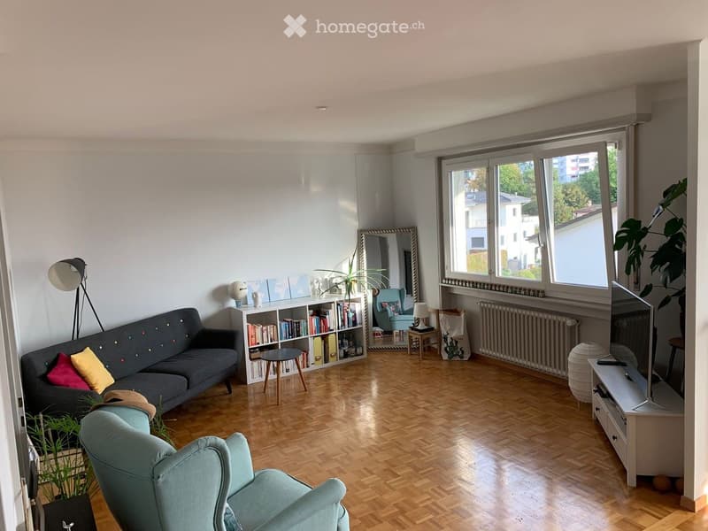 Living room with wooden flooring, large windows, grey sofa with colorful cushions, armchair, bookshelf, mirror, lamp, television, and plants.