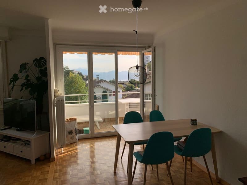 Bright room with wooden flooring, a dining table with four chairs, a TV on a stand, and a large window offering a scenic view of the mountains.
