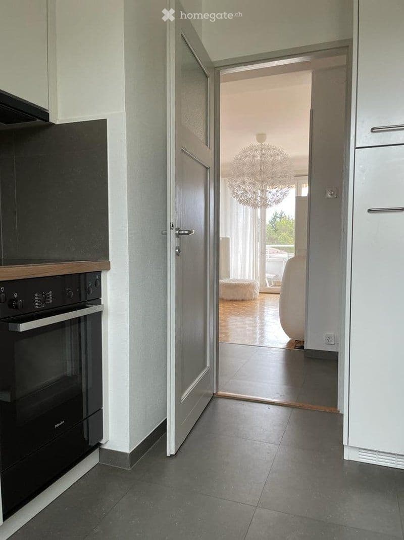 Modern hallway with dark tiled floor, white walls, and an open door leading to a living area with a chandelier, white sofa, and a fluffy rug.