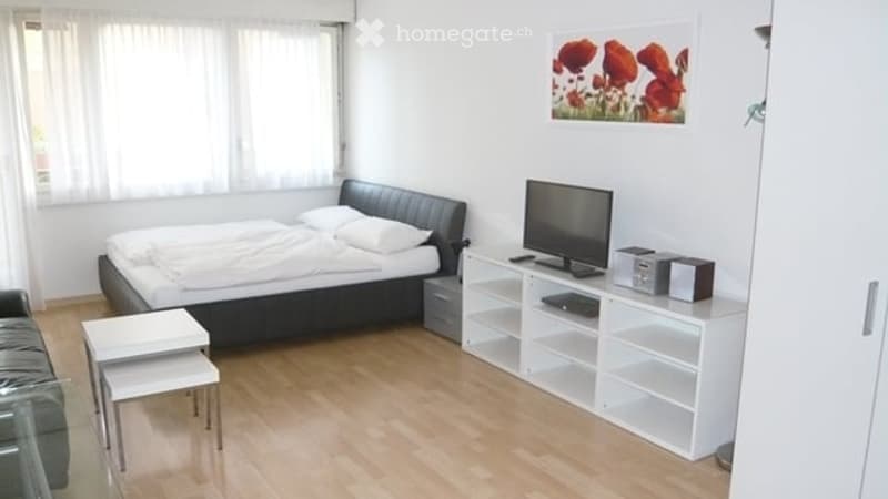 A small, modern bedroom with a double bed, nightstand, TV, speaker system, and a small sofa. The room features light wooden flooring and white walls with a floral painting.