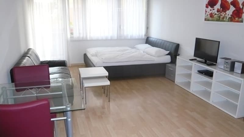 A modern, compact studio apartment with a bed, sofa, glass table, and TV stand. The room features light wooden flooring and large windows with white curtains.