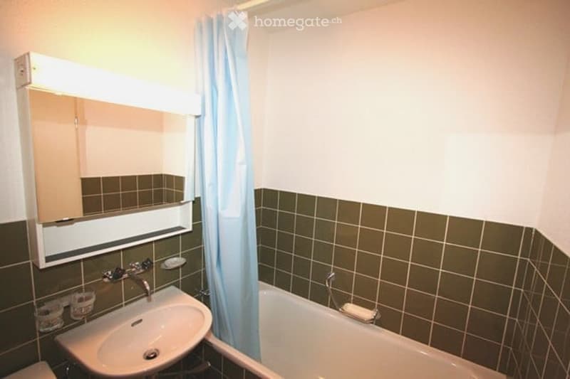 Bathroom with a white sink, mirror, and bathtub, featuring green tiled walls and a blue shower curtain.