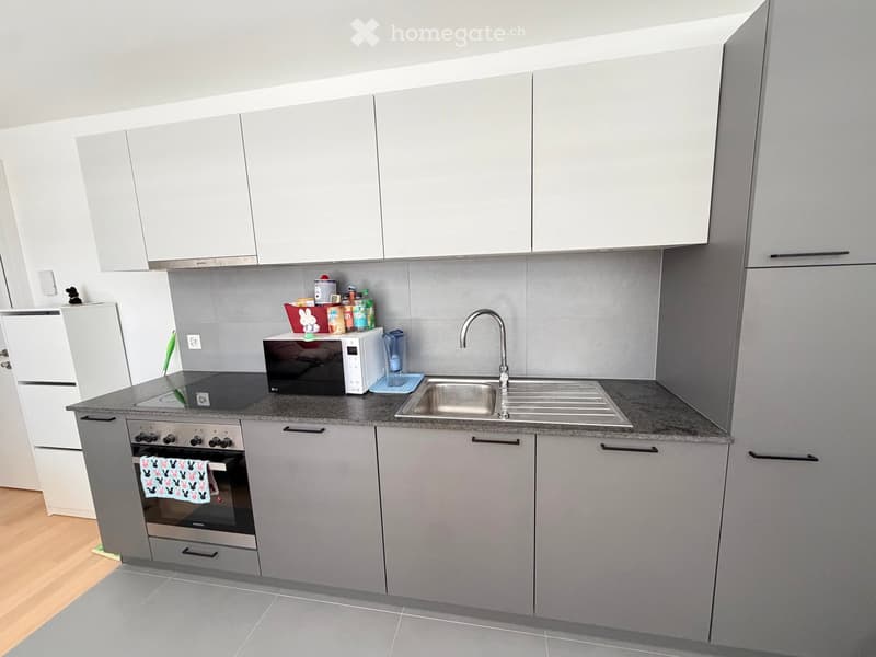 Modern kitchen with grey cabinets, stainless steel sink, microwave, and oven. Countertop has various items including a towel, containers, and a bottle.