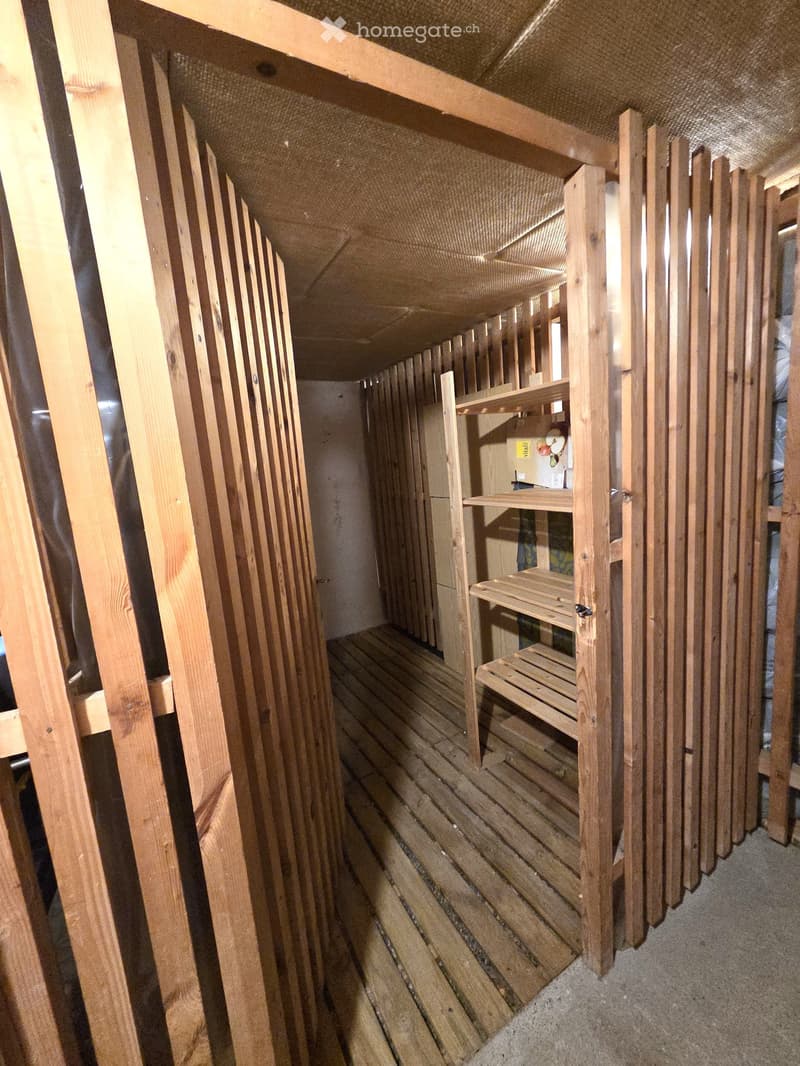 A narrow wooden hallway with exposed wooden beams and shelves on one side, leading to a partially visible room.